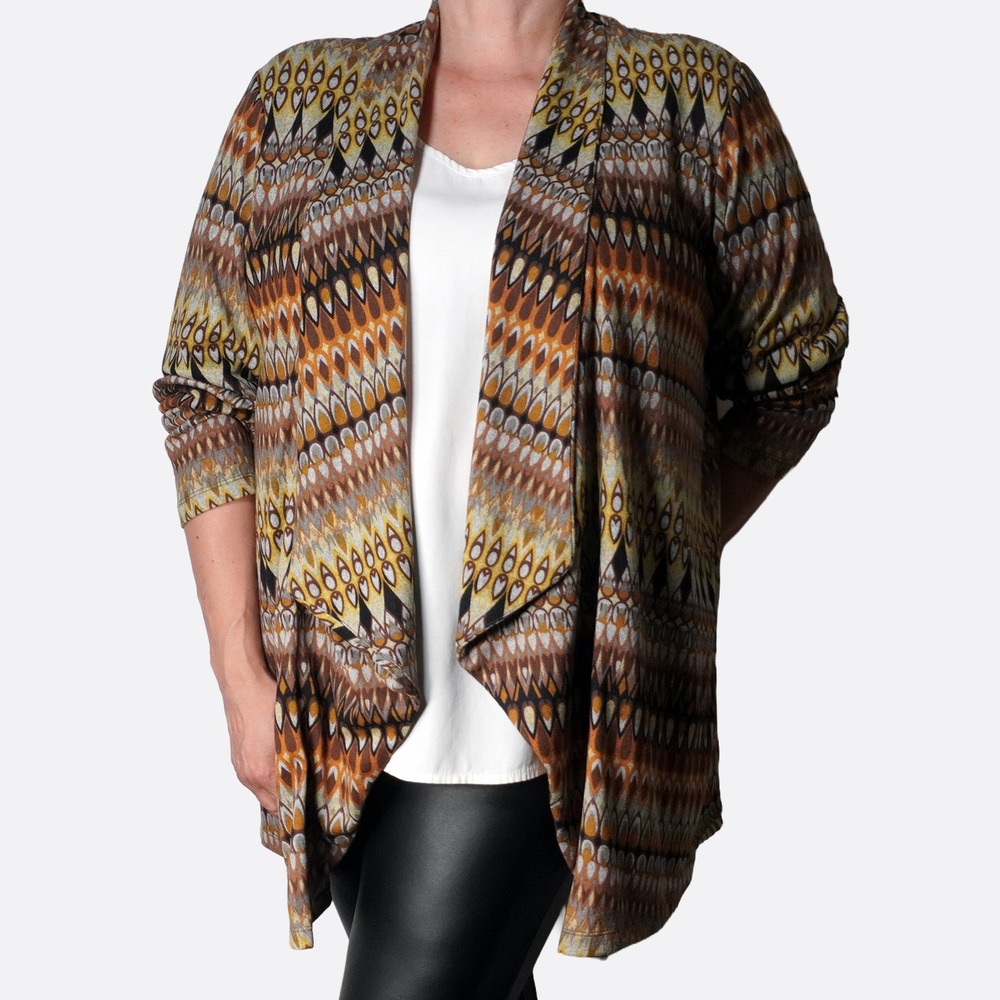 Susan Graver Geometric Ikat Print XL 1X 2X Brown Open Front Cardigan